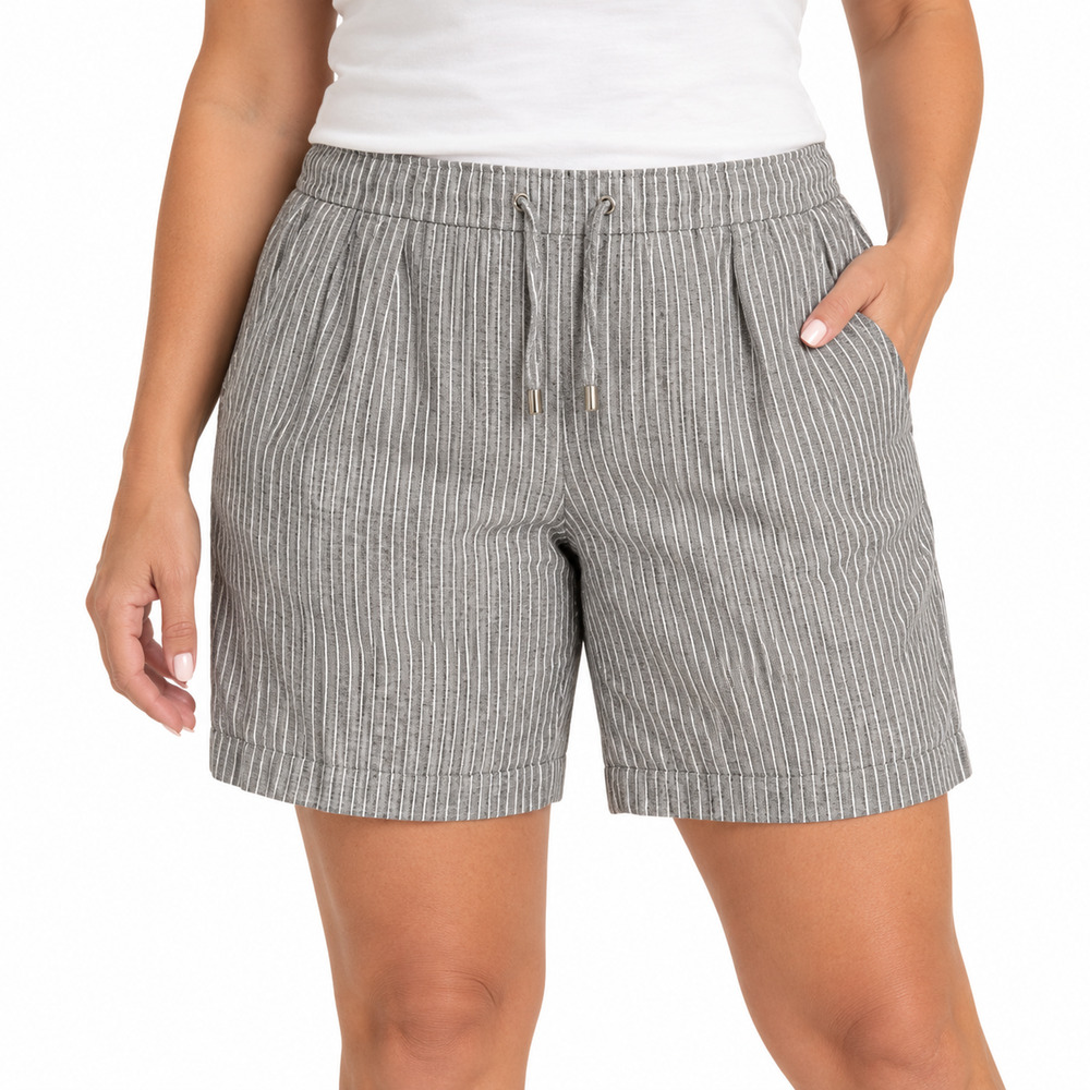 Chicos Gray White Striped 100% Linen Pull On Drawstring Shorts 9.5" Inseam 2 / L